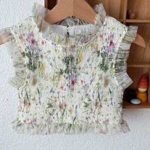 Gingersnaps Floral Ruffled Sleeveless Smocked Blouse Top